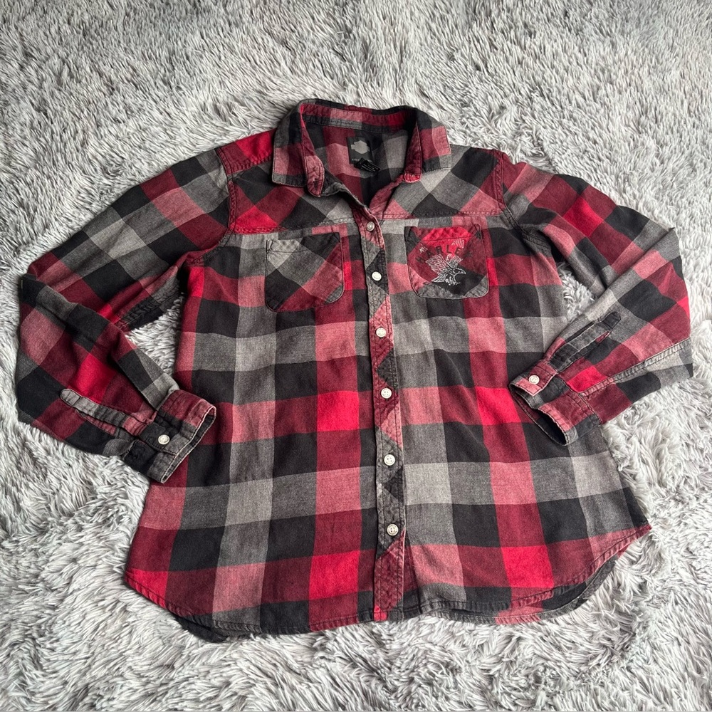 Harley Davidson Shirt Womens Large Button Up Plaid Long Sleeve Motorcycle